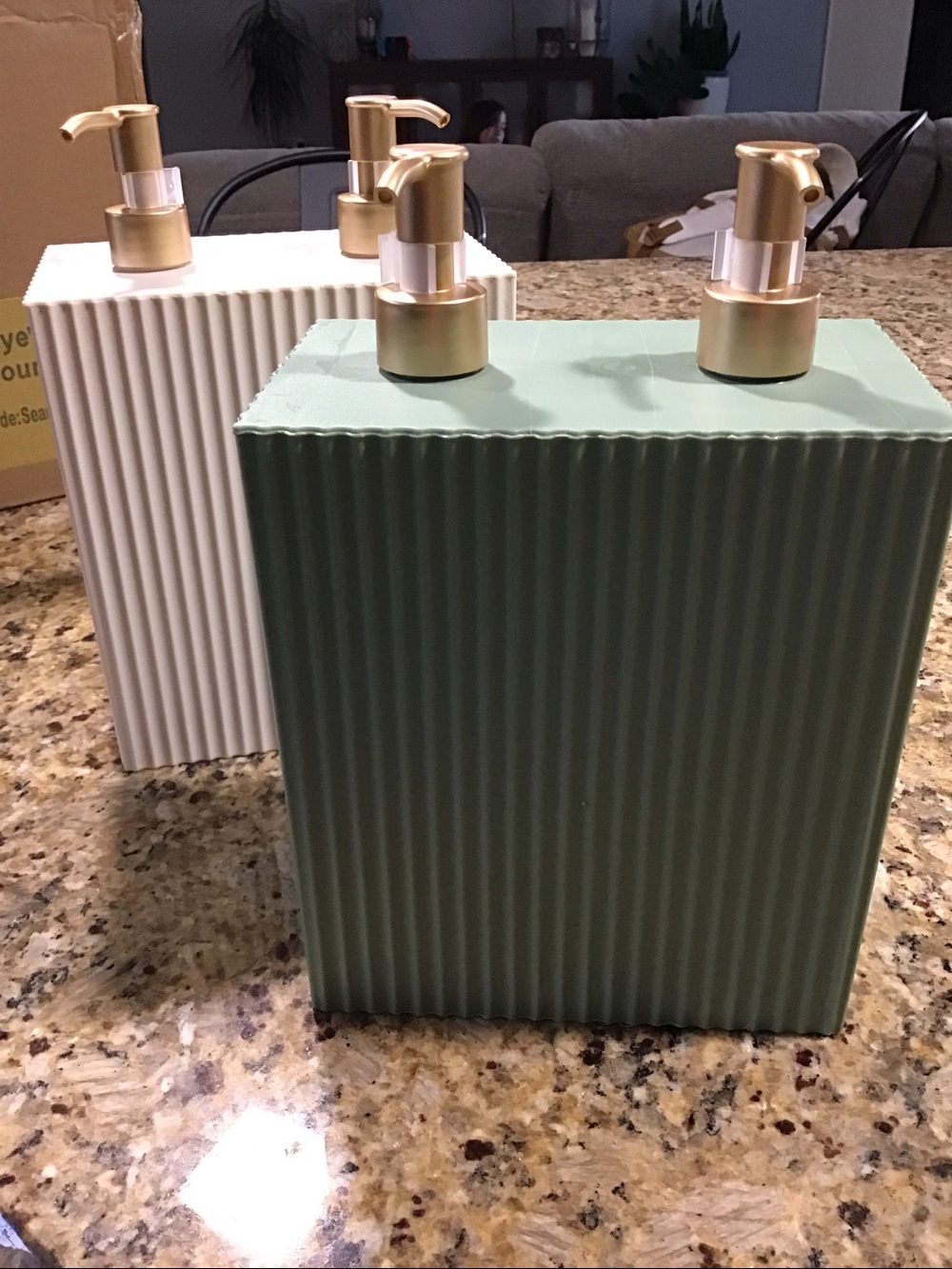Sage Green & Gold Ribbed Soap & Lotion (shampoo & conditioner) Dispensers